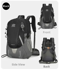 Detailed multi-angle views of black 46L outdoor hiking backpack with ergonomic straps