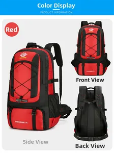 Front, back, and side views of a 75L red nylon hiking backpack with professional straps