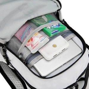 Water-resistant hiking backpack with organized internal compartments for electronics