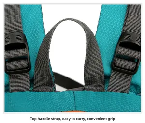 Detail of lake blue hiking backpack top handle with reinforced stitching and gray straps