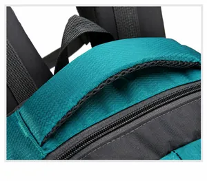 Detailansicht des blauen Tragegriffs und des atmungsaktiven Netzes am Wanderrucksack