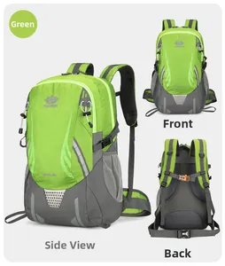Front, back, and side views of a 40L green outdoor backpack with S-shaped strap system