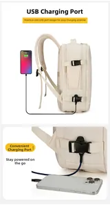 Dettaglio della porta di ricarica USB esterna e della fibbia regolabile sullo zaino crema