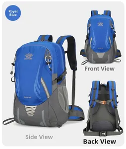 Detailed views of a 46L outdoor hiking backpack with ergonomic straps and nylon fabric