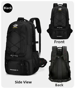 Detailed views showing front, side and back of this 75L black nylon hiking backpack