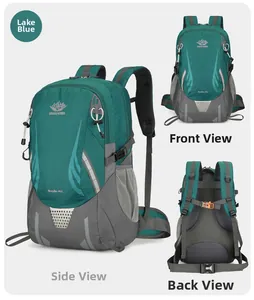 Detailed views of lake blue 45L outdoor backpack featuring ergonomic straps and buckles