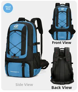 Multi-angle view of a 75L blue hiking backpack with breathable back padding system