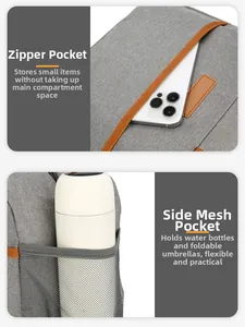 Detail view of Oxford fabric lunch bag showing zipper front pocket and side elastic mesh pocket