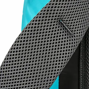 Close-up of breathable grey honeycomb air mesh shoulder straps on blue hiking backpack