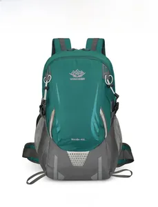 Detailed front view of 45L forest green hiking backpack with Nordic-45L logo and straps