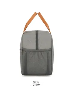 Side view of gray insulated lunch bag with orange handles and black mesh side pocket