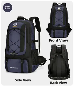 Detailed views of a 75L deep blue hiking backpack featuring 360 degree structure and pockets
