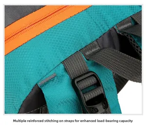Detail of reinforced stitching on the hiking backpack strap for enhanced load capacity