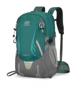 Detail of 45L outdoor hiking backpack showing teal nylon fabric and mesh side pockets