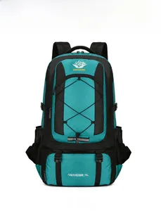 Front view of 75L blue and black hiking backpack with elastic cord and mesh side pockets