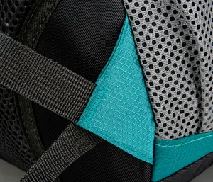 Detail shot of heavy-duty stitching and water-resistant fabric on hiking backpack
