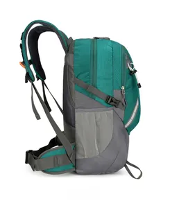 Detail of outdoor backpack featuring side mesh pockets, buckles, and compression straps