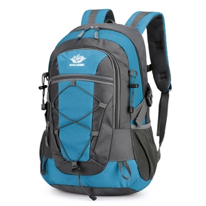 Large blue and grey outdoor trekking backpack with elastic cords and mesh side pockets