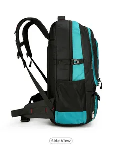 Detail view of large outdoor hiking backpack showing side compartments and mesh pockets
