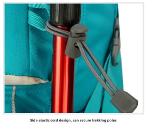 Detail of adjustable elastic side cords for trekking poles on teal outdoor backpack