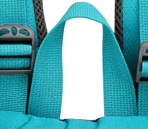 Detail of teal outdoor backpack showing reinforced carry handle and breathable mesh shoulder straps