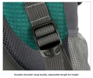 Detail of adjustable strap buckle on blue hiking backpack for customized height fit