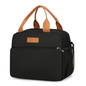 Waterproof insulated lunch bag in black fabric with brown handles and side mesh pocket