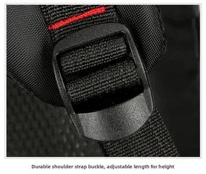 Detail of durable nylon shoulder strap with adjustable plastic buckle and red reinforced stitching