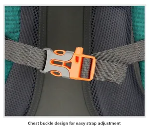 Detail of orange and gray chest buckle on green outdoor hiking backpack with nylon strap