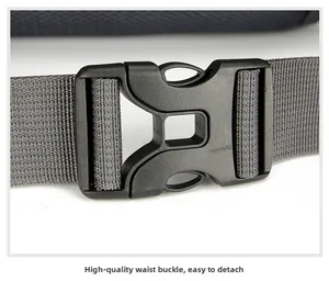 Close-up of high-quality plastic buckle and durable grey nylon strap on hiking backpack