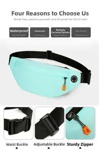 Detail showing mint green sports waist bag with headphone hole and adjustable strap