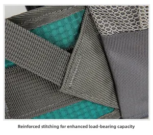 Macro shot of bartack stitching on green mesh and gray webbing for heavy-duty reinforcement