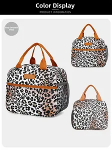 Detail view of grey leopard print insulated lunch bag with orange handles and side mesh pocket