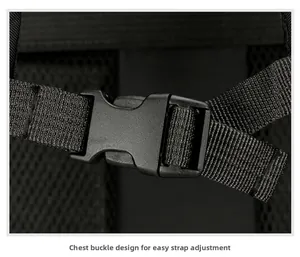 Close-up of durable chest buckle and nylon straps on a hiking backpack