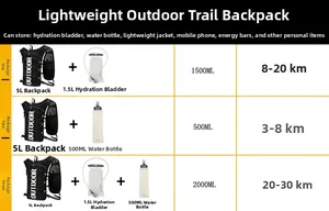 Size chart showing 5L running backpack sets with 1.5L water bladder and 500ml flask