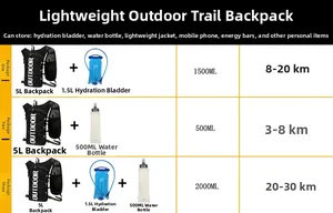Comparison chart showing 5L running vest with 1.5L water bladder and 500ML flasks options
