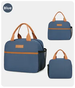 Multiple views of blue insulated lunch bag showing oxford fabric and side mesh pocket