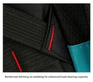 Detail of reinforced red stitching on black nylon straps for enhanced load capacity