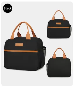 Three-angle views of black insulated lunch bag with side mesh pocket and zipper closure