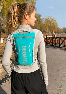 Outdoor hydration vest in cyan nylon with grey mesh straps and reflective outdoor prints