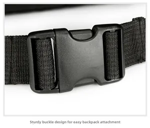 Close-up of the durable nylon waist buckle for a secure hiking backpack closure