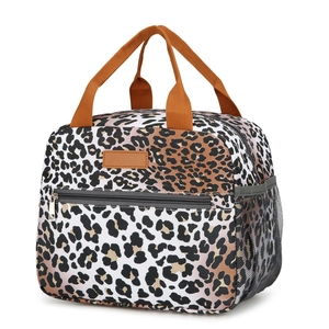 Insulated leopard print lunch bag with reinforced handles and side mesh pocket