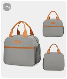 Detail of grey insulated lunch bag with orange straps and breathable side mesh pocket