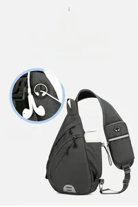 Detail of dark grey sling bag showing headphone port, water bottle pocket and shoulder pouch