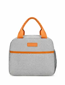 Front view of grey oxford fabric insulated lunch bag with orange handles and mesh pocket