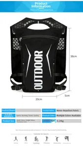 Detail showing dimensions and water-repellent nylon fabric of the black running vest bag