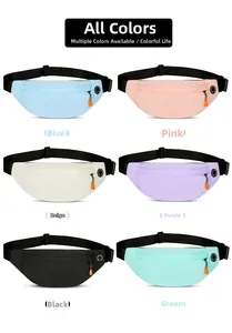 Detail view of sport waist bags in six colors with earphone holes and adjustable straps