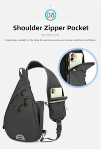 Detail view of Oxford fabric crossbody bag with shoulder strap phone pocket and reflectors