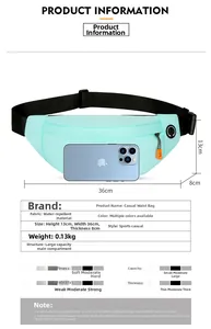Detail view of mint green running belt with earphone jack and 36cm x 13cm size dimensions