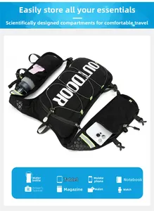 Detail view of black nylon running vest with white OUTDOOR text and reflective strips